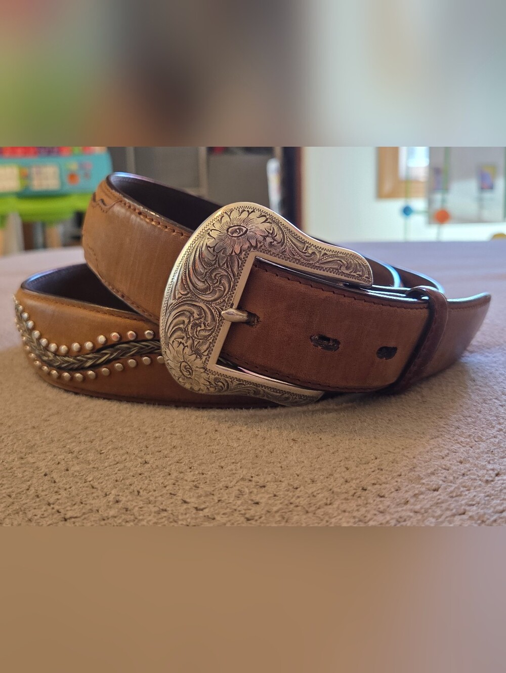 Vintage 1990's 3-D DDD Genuine Leather brown studded Braided Horse Hair Belt